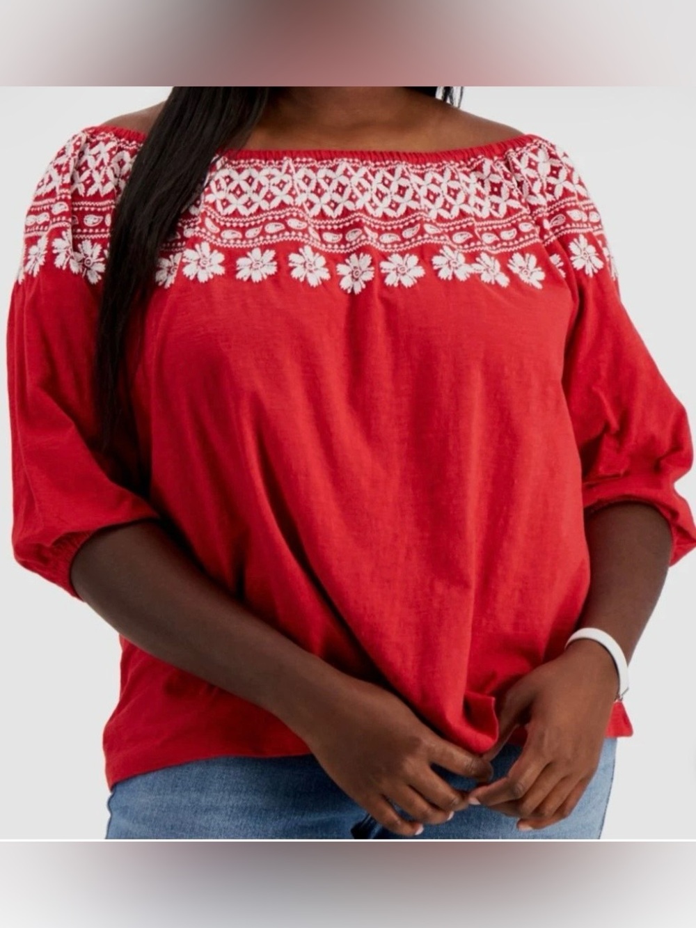 TOMMY HILFIGER MARRAKECH TUNIC OFF-THE-SHOULDER EMBROIDERED WOMENS RED/WHITE 2X